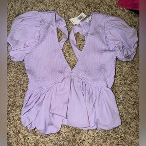 Dry Goods Lavender Puff-Sleeve V-Neck Peplum Top